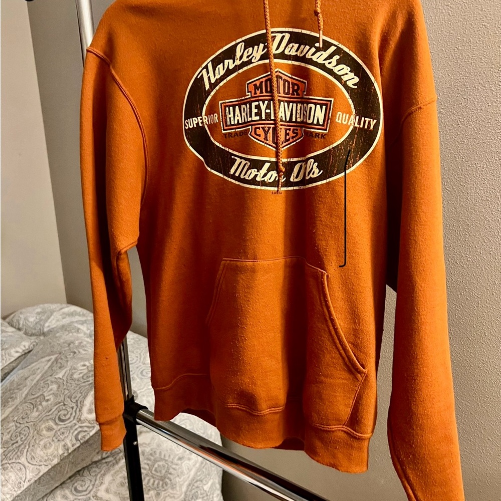 Harvey Davidson,  men’s hooded, large burnt orange sweatshirt